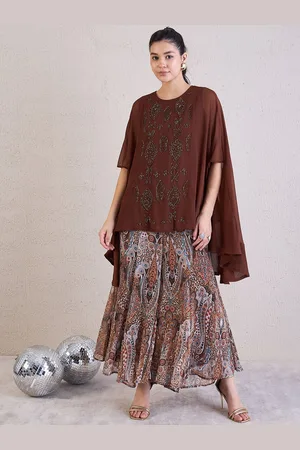 Antheaa Brown Embellished Round Neck Short Sleeves Top & Palazzos