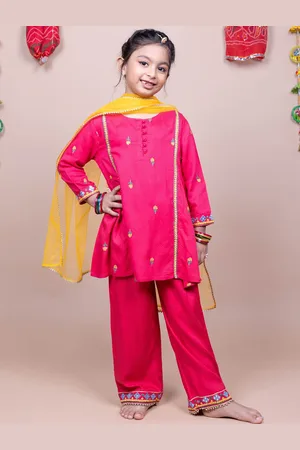 HERE&NOW Girls Floral Embroidered A-Line Thread Work Kurta with Palazzos & Dupatta