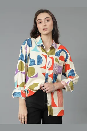 KOTTY Women Spread Collar Abstract Printed Cotton Oversized Casual Shirt
