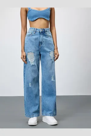 FREAKINS Women Cotton Wide Leg High-Rise Mildly Distressed Jeans