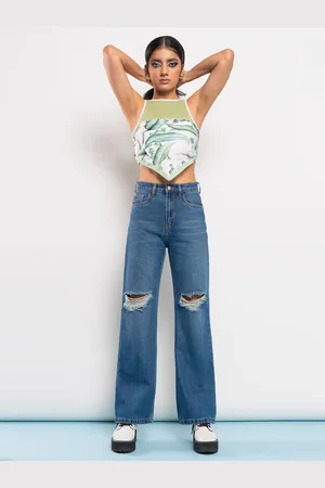 FREAKINS Women Wide Leg High-Rise Slash Knee Cotton Jeans