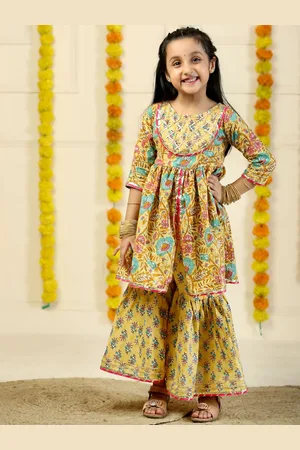 The Mom Store Girls Floral Printed Gotta Patti Pure Cotton Anarkali Kurti With Sharara