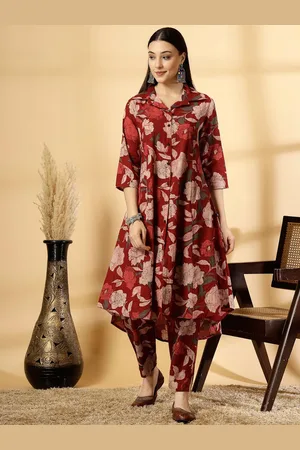 Pistaa Women Floral Printed Regular Pure Cotton Kurta with Trousers