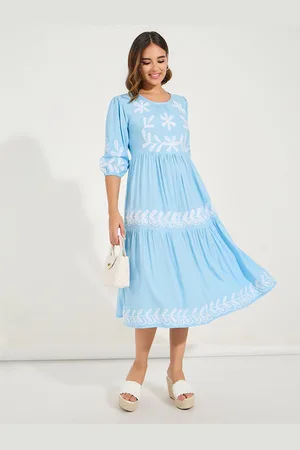 Styli Blue & White Floral Embroidered Puff Sleeves Cotton Tiered Detail A-Line Midi Dress
