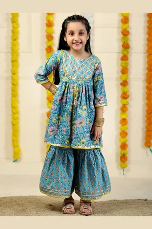 The Mom Store Girls Floral Printed Gotta Patti Pure Cotton Anarkali Kurti With Sharara