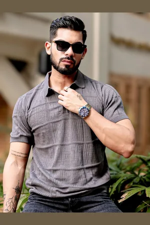 Maniac Men Self Design Polo Collar Cotton Slim Fit T-shirt