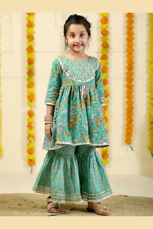 The Mom Store Girls Floral Printed Gotta Patti Pure Cotton Anarkali Kurti With Sharara