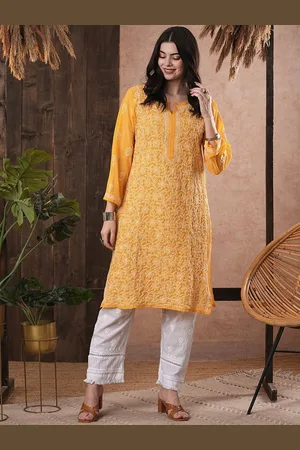 ADAM Co. Floral Embroidered Notch Neck Lucknowi Chikankari Georgette Straight Kurta