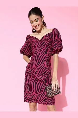 Sera Women Animal Printed Sweetheart Neck Puff Sleeve A-Line Dress