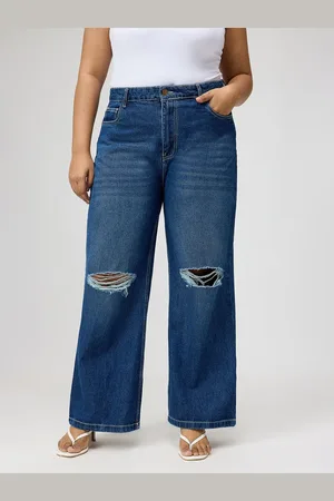 FREAKINS Plus Size Women Straight Fit High-Rise Slash Knee Light Fade Cotton Jeans