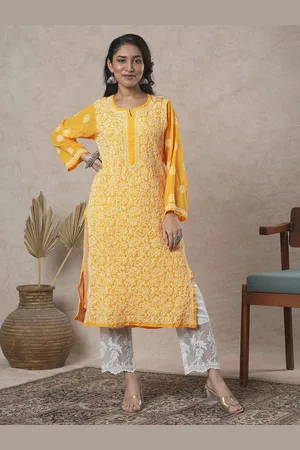 ADAM Co. Women Plus Size Yellow & White Floral Embroidered Chikankari Handloom Kurta