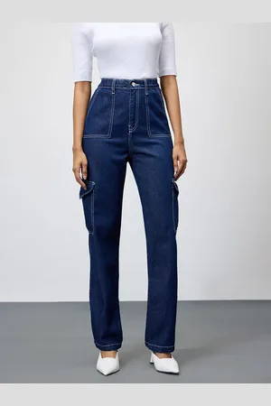 FREAKINS Women Straight Fit High-Rise Cotton Cargo Jeans