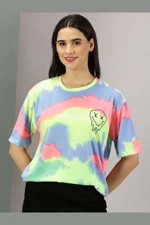 Rodzen Women Dyed Round Neck Synthetic Oversized T-shirt