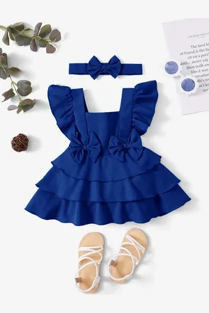 LYTIX Infant Girls Bow Front Square Neck Crepe Flutter Sleeves Ruffle Flare Dress