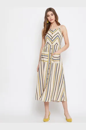 Berrylush Women Beige & Yellow Striped Fit and Flare Dress