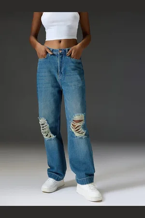 FREAKINS Women Cotton Relaxed Fit High-Rise Mildly Distressed Jeans