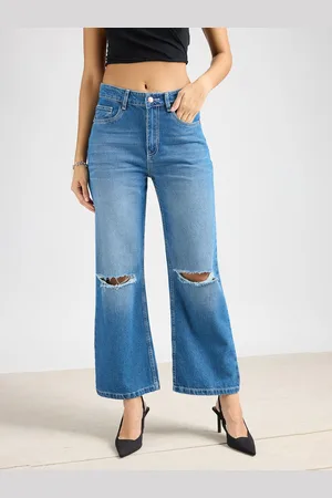 FREAKINS Women Straight Fit High-Rise Slash Knee Cotton Jeans