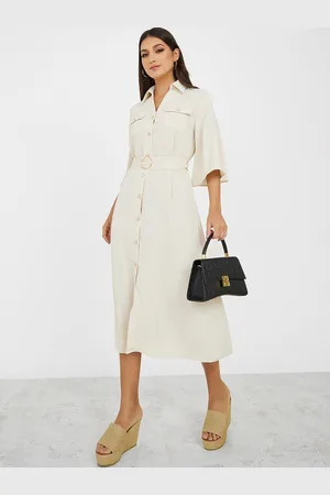 Styli Flutter Sleeve Flap Pocket Belted Shirt Midi Dress