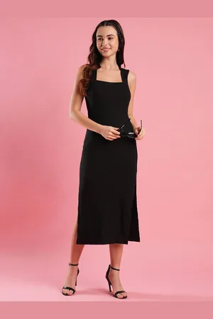 Globus Square Neck Side Slit Ribbed Midi Bodycon Dress