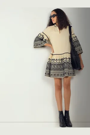 VERO MODA Ethnic Motifs Embroidered Bell Sleeve A-Line Dress
