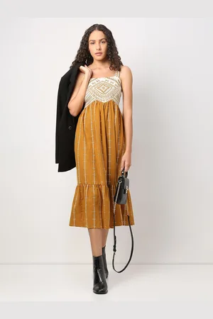 VERO MODA Ethnic Motifs Embroidered Fit & Flare Cotton Midi Dress