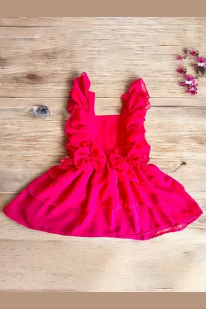 LYTIX Infant Girls Bow Front Square Neck Crepe Flutter Sleeves Ruffle Flare Dress