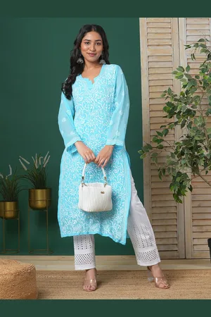 ADAM Co. Women Plus Size Blue & White Floral Embroidered Chikankari Handloom Kurta With Slip