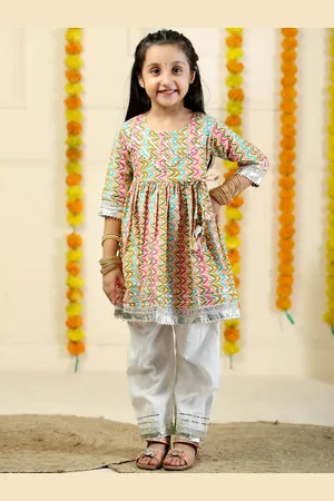 The Mom Store Girls Chevron Printed Gotta Patti Pure Cotton Anarkali Kurti With Pyjamas