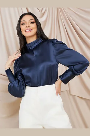 Styli High Neck Cuffed Sleeves Pleated Top