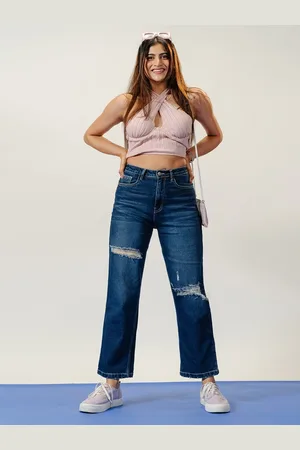 FREAKINS Women Cotton Straight Fit High-Rise Mildly Distressed Light Fade Jeans