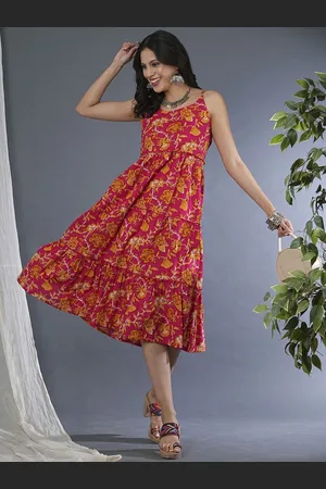 Globus Floral Printed Gathered & Tiered Pure Cotton A-Line Midi Dress