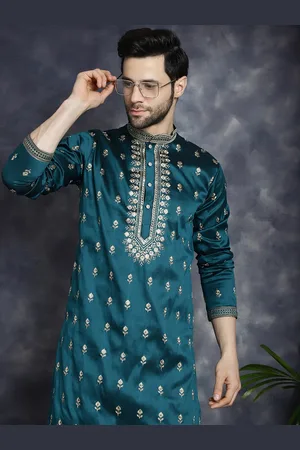 Jompers Ethnic Motifs Printed Mandarin Collar Zari Jacquard Weave Straight Kurta
