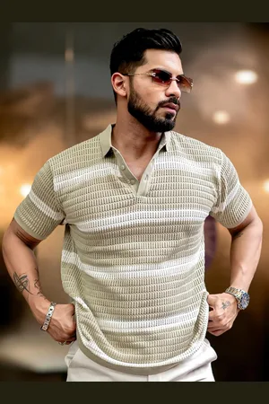 Maniac Men Self Design Polo Collar Cotton Slim Fit T-shirt