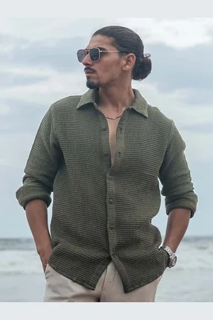 Powerlook Men Spread Collar Micro Checked Cotton Canvas Casual Shirt