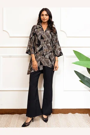 Claura Black Geometric Printed Shirt Collar Tunic With Trousers