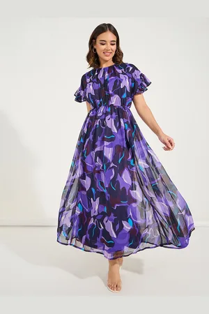 Styli Purple Floral Printed Layered Fit and Flare Maxi Dress