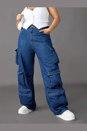 FREAKINS Women Straight Fit High-Rise Cotton Cargo Jeans