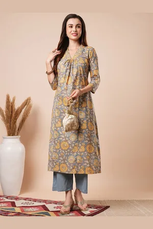 Globus Floral Printed A-Line Pure Cotton Kurta with Trousers