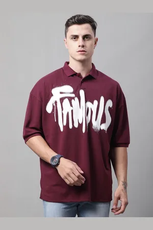 DOOR74 Men Typography Printed Polo Collar Cotton Oversized T-shirt