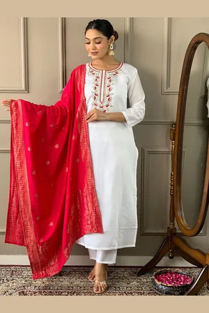 Lilots Floral Embroidered Thread Work Chanderi Silk Straight Kurta With Trouser & Dupatta