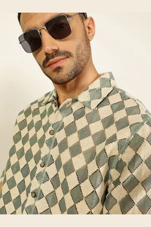 Thomas Scott Men Spread Collar Self Design Cotton Slim Fit Casual Crochet Shirt