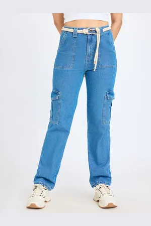 FREAKINS Women Straight Fit High-Rise Pure Cotton Cargo Jeans