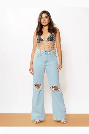 FREAKINS Women Cotton Wide Leg High-Rise Mildly Distressed Jeans