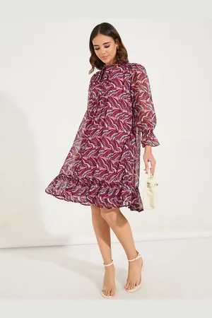 Styli Pink Women Printed Tie-Up Neck A-Line Dress