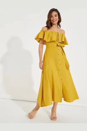 Styli Frilled Off Shoulder A-Line Maxi Dress with Tie Belt