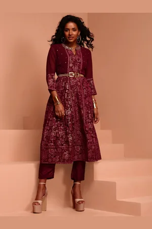 IMARA Ethnic Motifs Printed Mandarin Collar A-Line Kurta With Trousers
