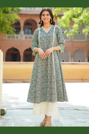 Ambraee Geometric Printed V-Neck Regular Pure Cotton Anarkali Kurta With Palazzos