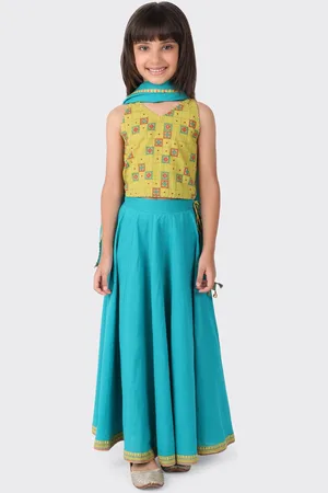 Fabindia Girls Yellow & Blue Printed Ready to Wear Lehenga & Blouse With Dupatta