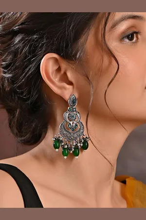 Fida Silver Plated Artificial Stones Studded Beads Beaded Oxidised Chandbalis Earrings