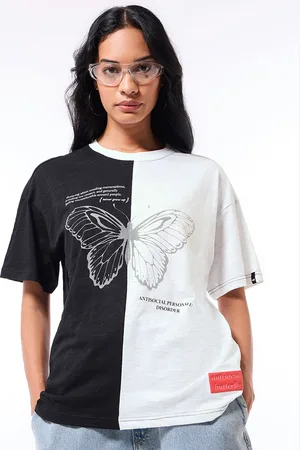 Bewakoof 1.0 Women Black & White Anti Social Butterfly Graphic Printed Oversized T-shirt